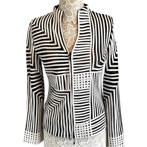 T&W Designs Zip‎ Up Jacket Blazer Blouse Black White Art Deco Mesh Stripes Small